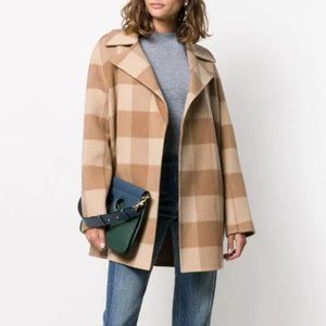 THEORY Buffalo Plaid Wool Coat Camel Color